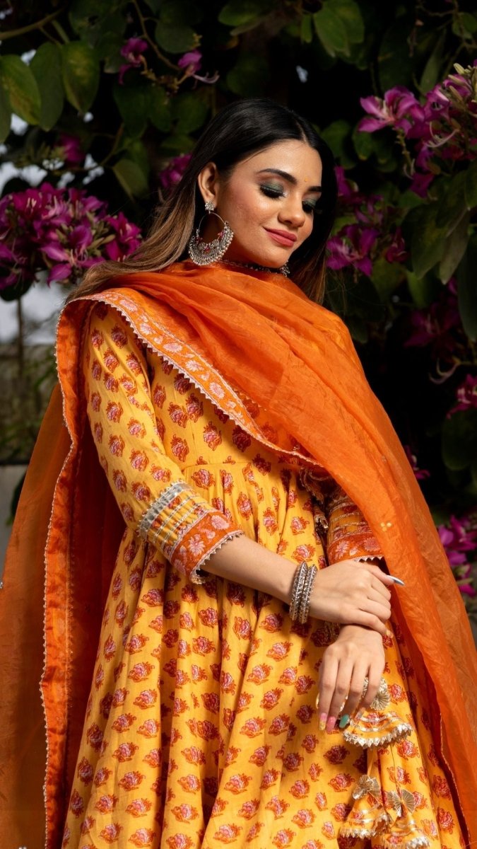 MEHAR LIGHT BROWN HAND BLOCK ANGRAKHA SET - Pomcha Jaipur