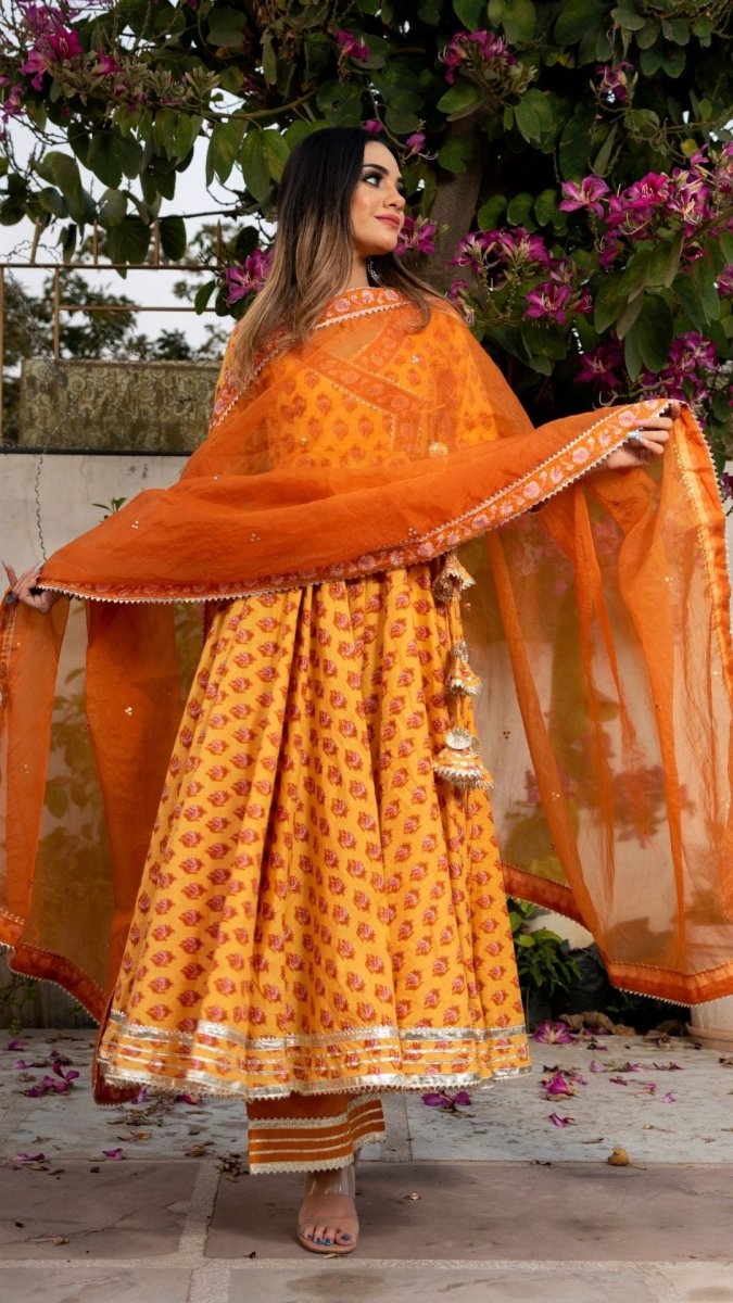 MEHAR LIGHT BROWN HAND BLOCK ANGRAKHA SET - Pomcha Jaipur