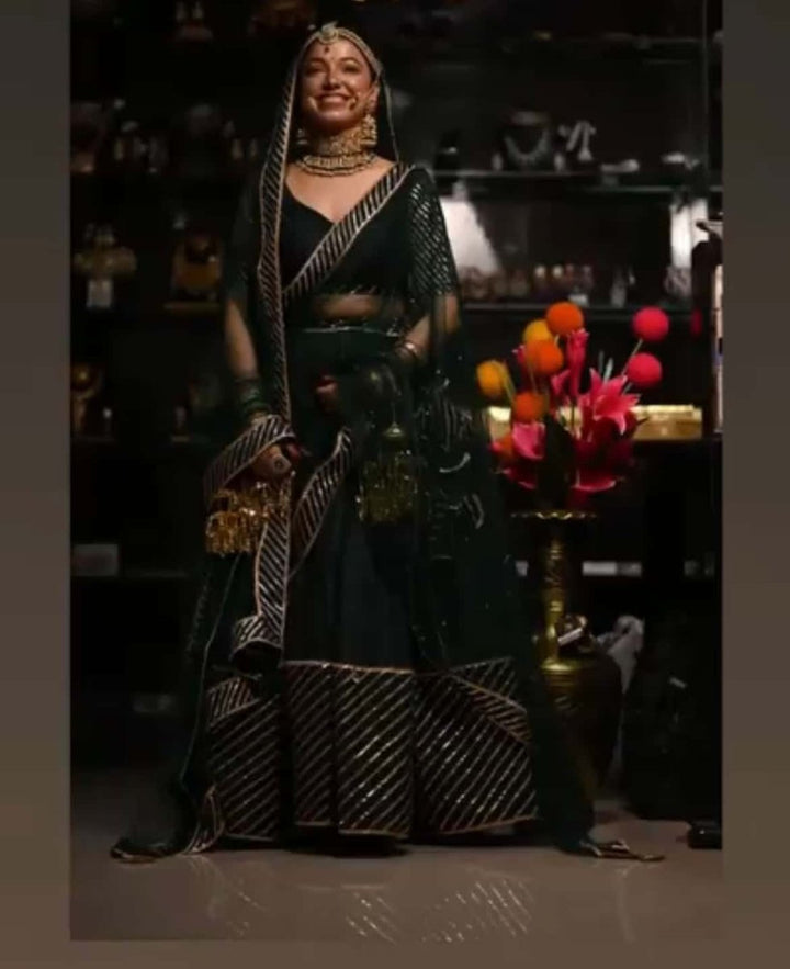 Mimosa Dark Green Cotton Silk Gotta Patti Work Lehenga With Jaal Work Organza Dupatta - Pomcha Jaipur