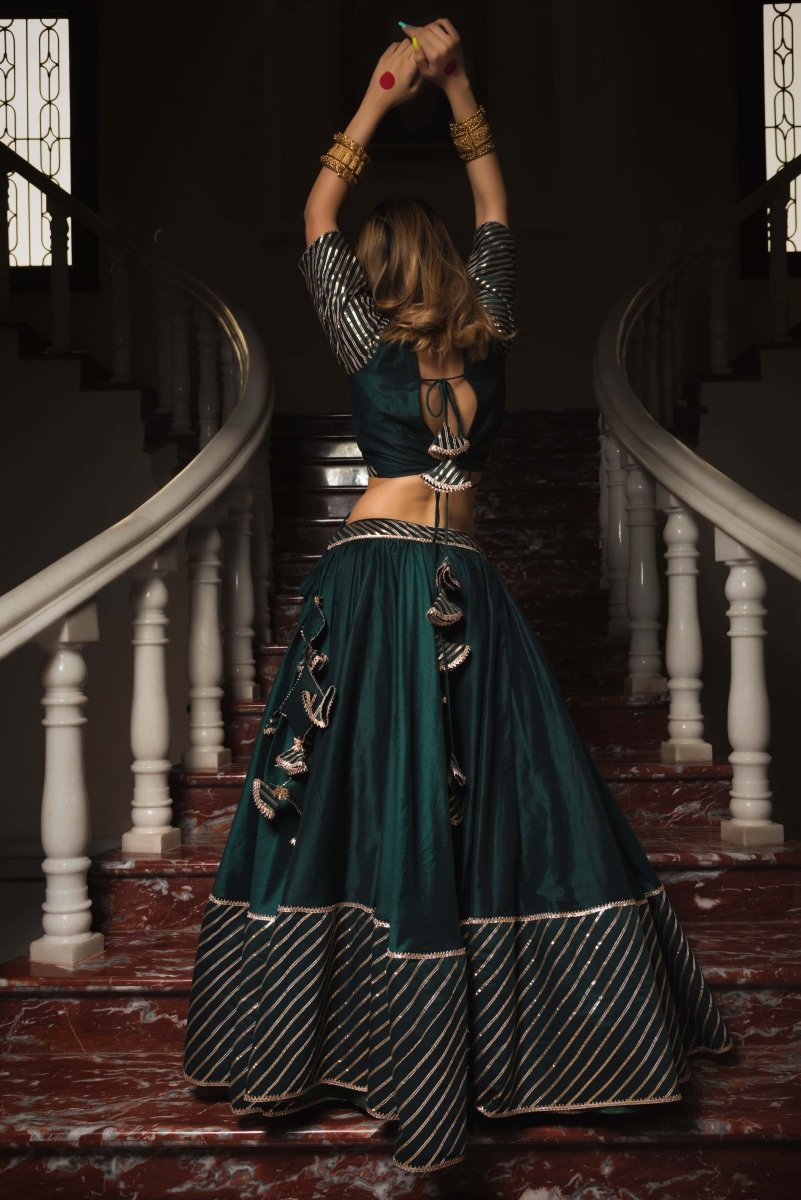 Mimosa Dark Green Cotton Silk Gotta Patti Work Lehenga With Jaal Work Organza Dupatta - Pomcha Jaipur
