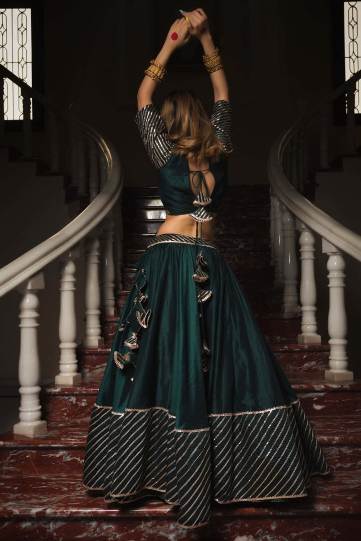Mimosa Dark Green Cotton Silk Gotta Patti Work Lehenga With Jaal Work Organza Dupatta - Pomcha Jaipur
