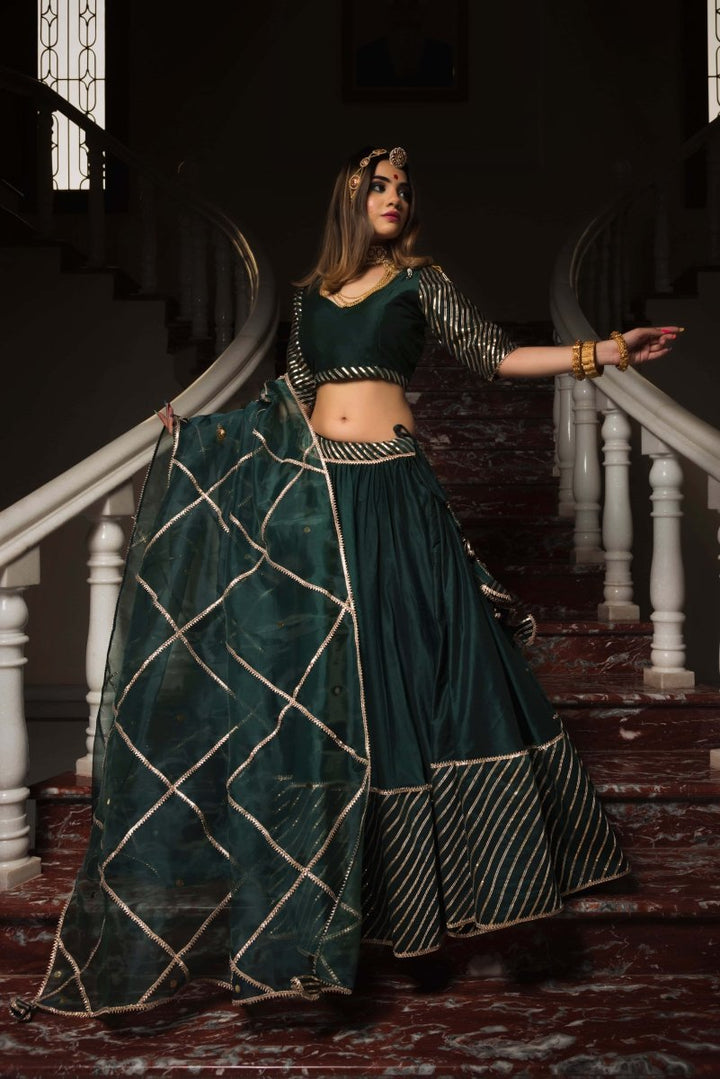 Mimosa Dark Green Cotton Silk Gotta Patti Work Lehenga With Jaal Work Organza Dupatta - Pomcha Jaipur
