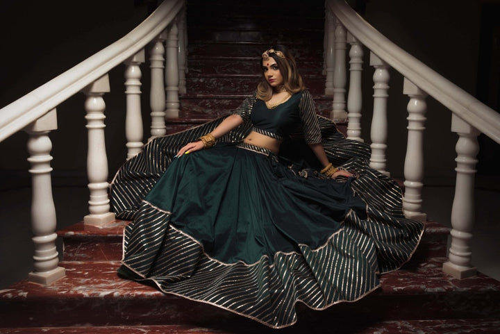 Mimosa Dark Green Cotton Silk Gotta Patti Work Lehenga With Jaal Work Organza Dupatta - Pomcha Jaipur