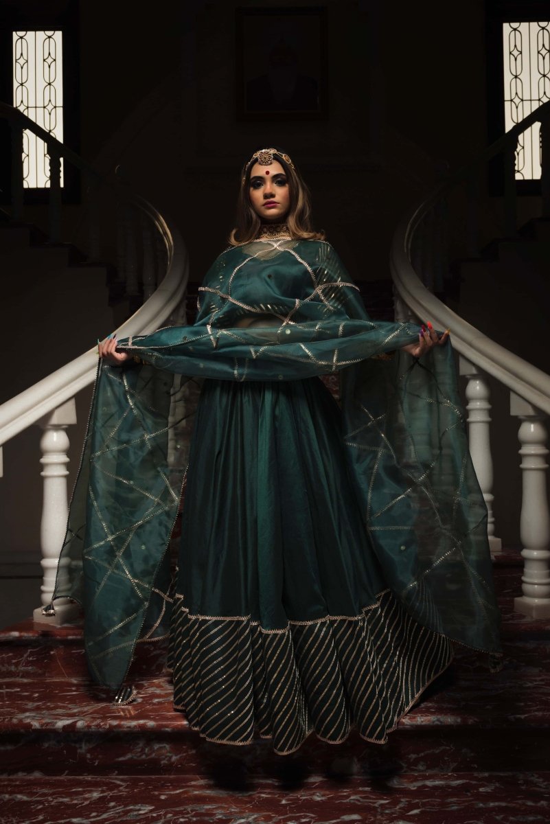Mimosa Dark Green Cotton Silk Gotta Patti Work Lehenga With Jaal Work Organza Dupatta - Pomcha Jaipur