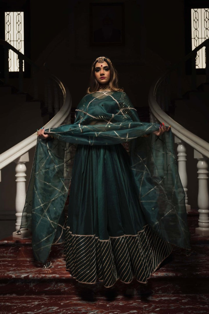 Mimosa Dark Green Cotton Silk Gotta Patti Work Lehenga With Jaal Work Organza Dupatta - Pomcha Jaipur