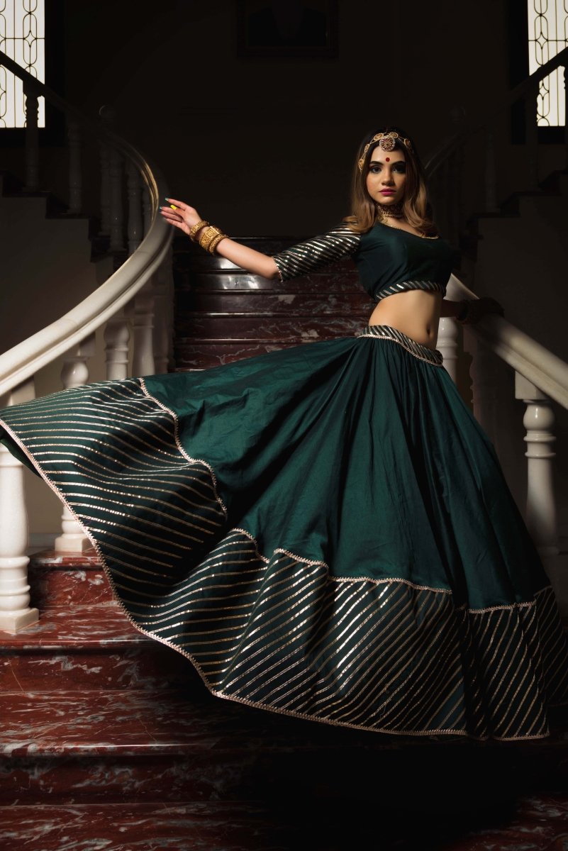 Mimosa Dark Green Cotton Silk Gotta Patti Work Lehenga With Jaal Work Organza Dupatta - Pomcha Jaipur