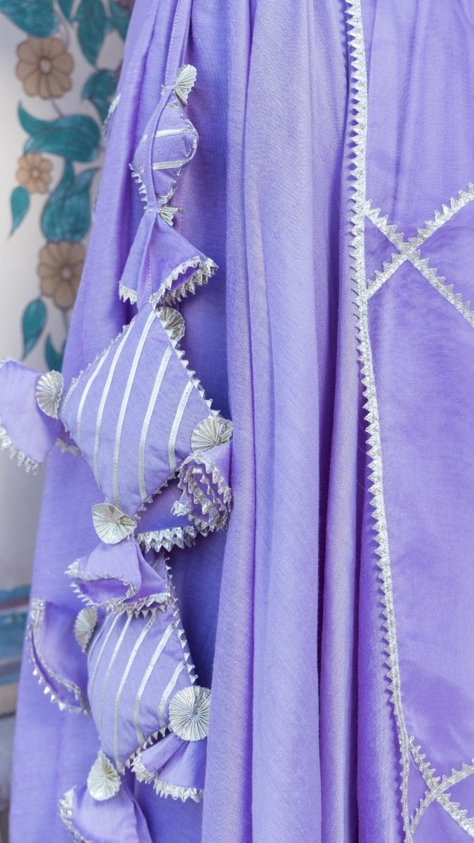 MIMOSA LAVENDER COTTON SILK LEHENGA WITH LACE WORK AND ORGANZA DUPATTA SET - Pomcha Jaipur