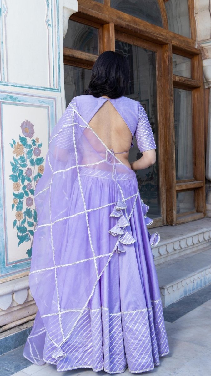 MIMOSA LAVENDER COTTON SILK LEHENGA WITH LACE WORK AND ORGANZA DUPATTA SET - Pomcha Jaipur