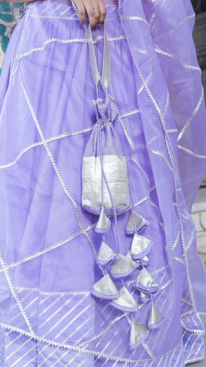 MIMOSA LAVENDER COTTON SILK LEHENGA WITH LACE WORK AND ORGANZA DUPATTA SET - Pomcha Jaipur