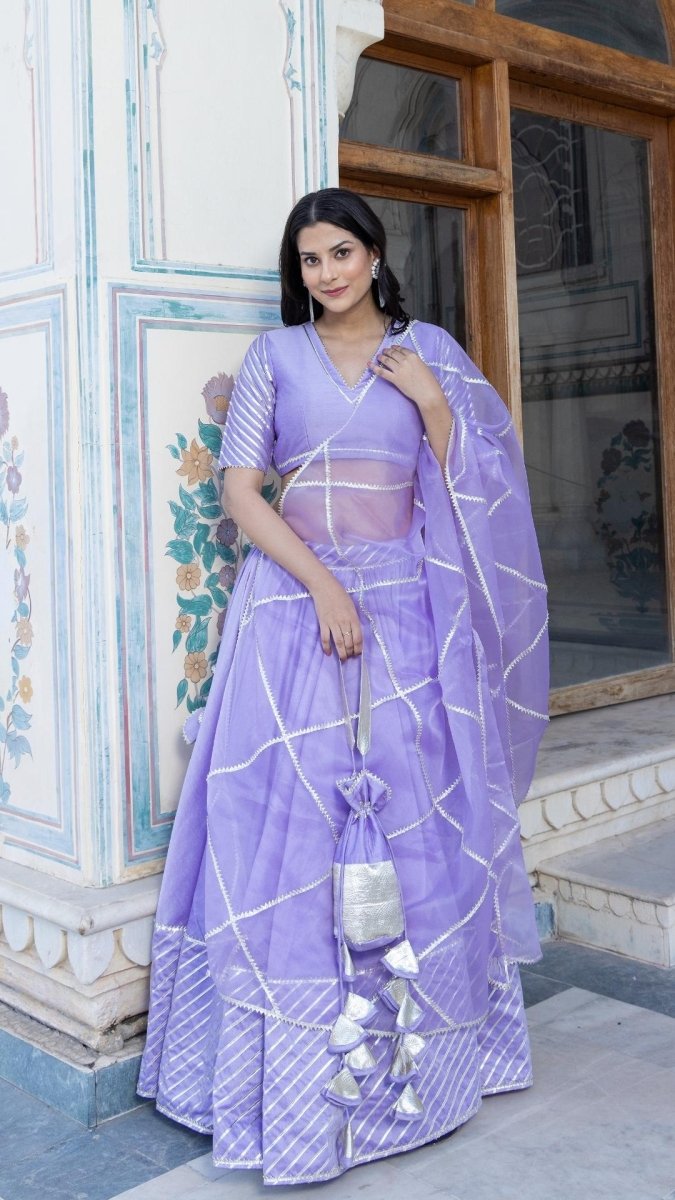 MIMOSA LAVENDER COTTON SILK LEHENGA WITH LACE WORK AND ORGANZA DUPATTA SET - Pomcha Jaipur