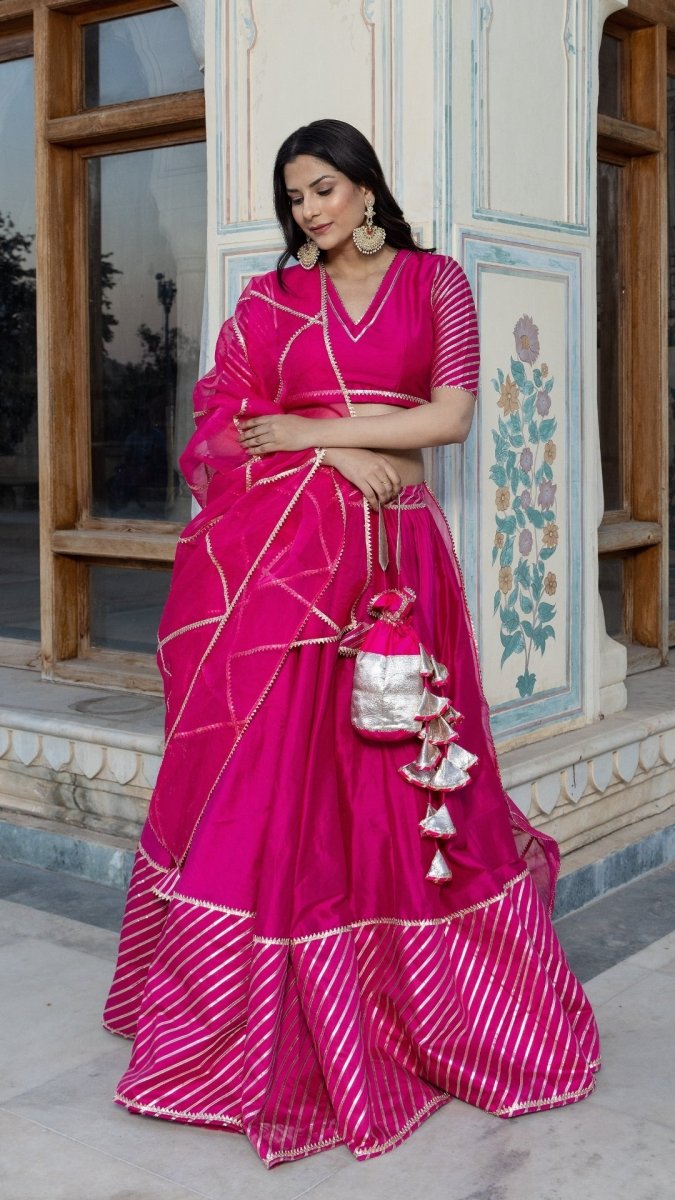 MIMOSA PINK COTTON SILK with lace work LEHENGAand jaal work organza dupatta set - Pomcha Jaipur