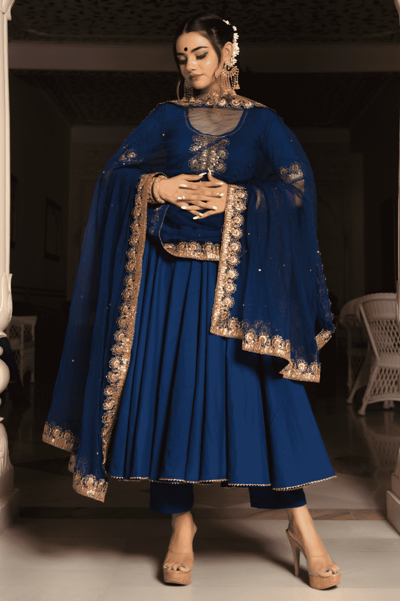 MINAKARI BLUE COTTON ANARKALI SET WITH EMBROIDERY LACE SOFT NET DUPATTA - Pomcha Jaipur