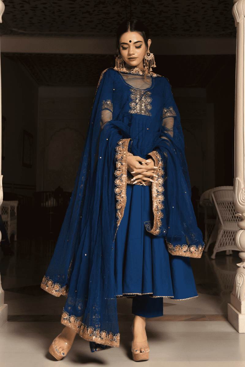 MINAKARI BLUE COTTON ANARKALI SET WITH EMBROIDERY LACE SOFT NET DUPATTA - Pomcha Jaipur
