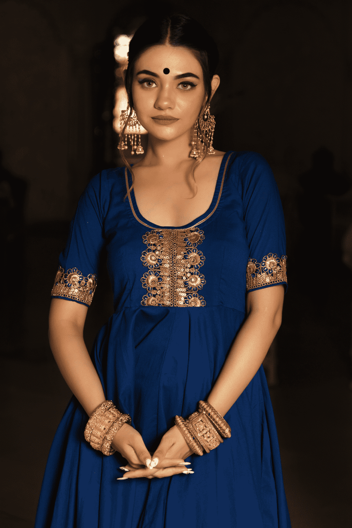 MINAKARI BLUE COTTON ANARKALI SET WITH EMBROIDERY LACE SOFT NET DUPATTA - Pomcha Jaipur