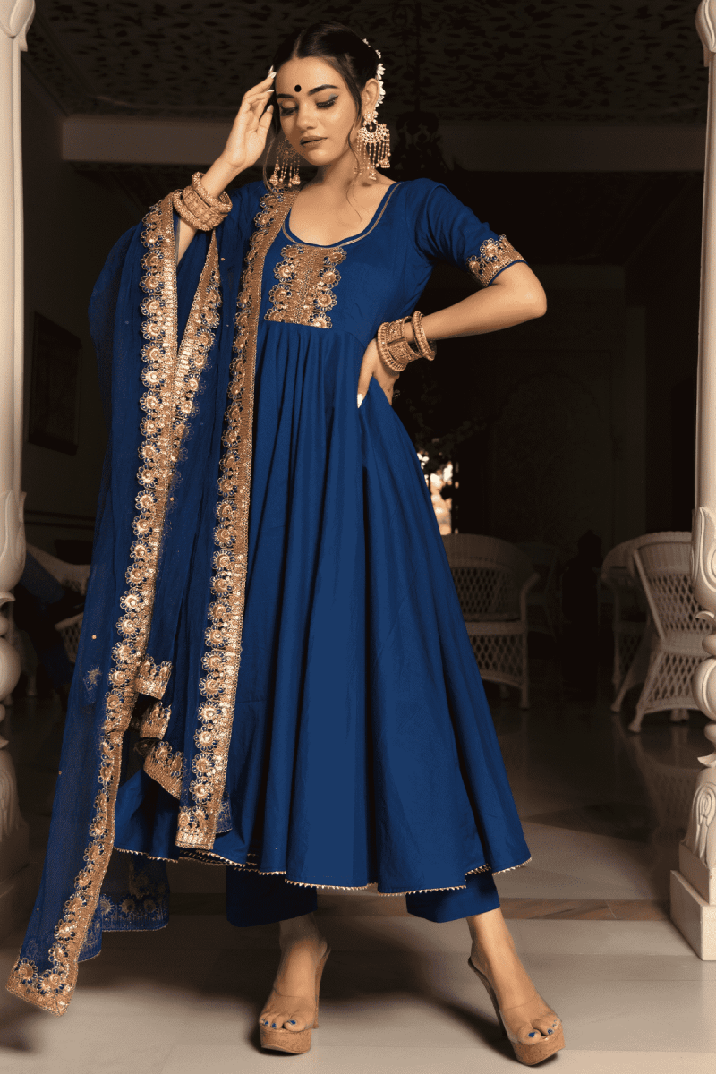 MINAKARI BLUE COTTON ANARKALI SET WITH EMBROIDERY LACE SOFT NET DUPATTA - Pomcha Jaipur