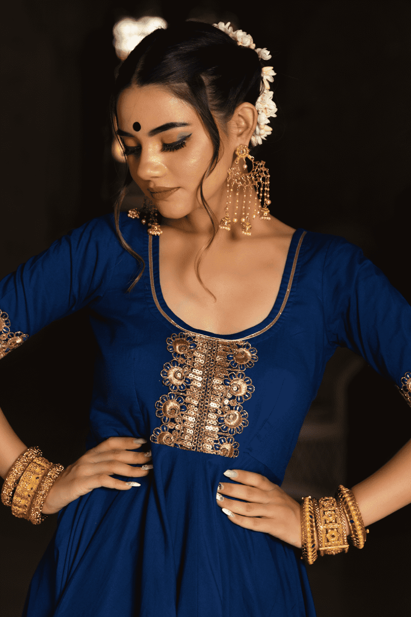 MINAKARI BLUE COTTON ANARKALI SET WITH EMBROIDERY LACE SOFT NET DUPATTA - Pomcha Jaipur