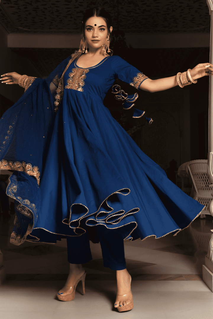 MINAKARI BLUE COTTON ANARKALI SET WITH EMBROIDERY LACE SOFT NET DUPATTA - Pomcha Jaipur