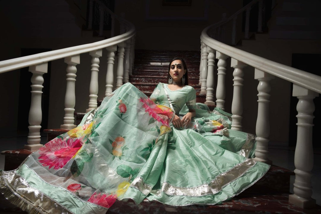 Mint Green Taffeta Silk lappa work Lehenga with digital print organza dupatta set - Pomcha Jaipur