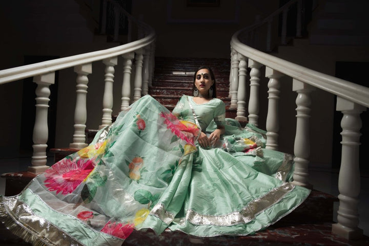 Mint Green Taffeta Silk lappa work Lehenga with digital print organza dupatta set - Pomcha Jaipur