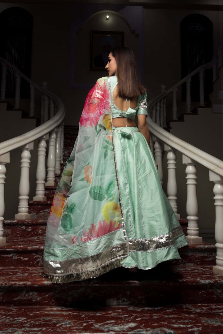 Mint Green Taffeta Silk lappa work Lehenga with digital print organza dupatta set - Pomcha Jaipur