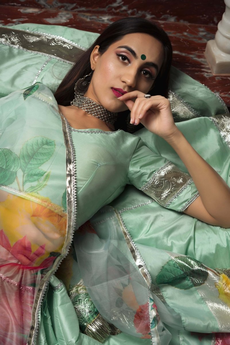 Mint Green Taffeta Silk lappa work Lehenga with digital print organza dupatta set - Pomcha Jaipur