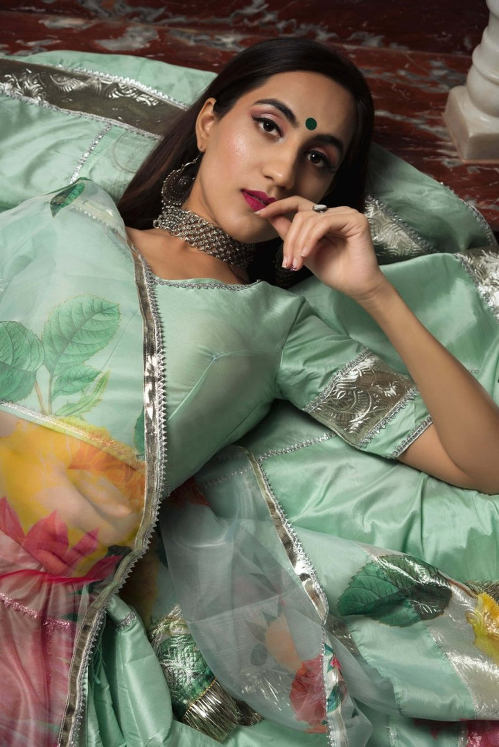 Mint Green Taffeta Silk lappa work Lehenga with digital print organza dupatta set - Pomcha Jaipur