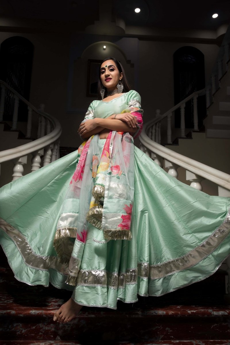 Mint Green Taffeta Silk lappa work Lehenga with digital print organza dupatta set - Pomcha Jaipur