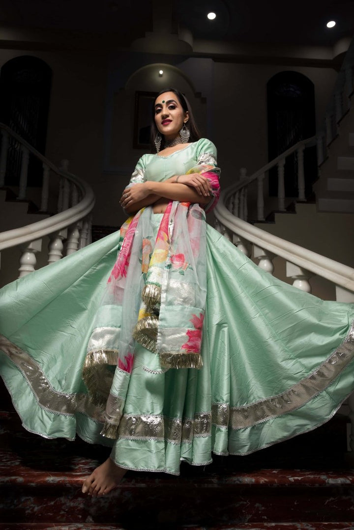 Mint Green Taffeta Silk lappa work Lehenga with digital print organza dupatta set - Pomcha Jaipur