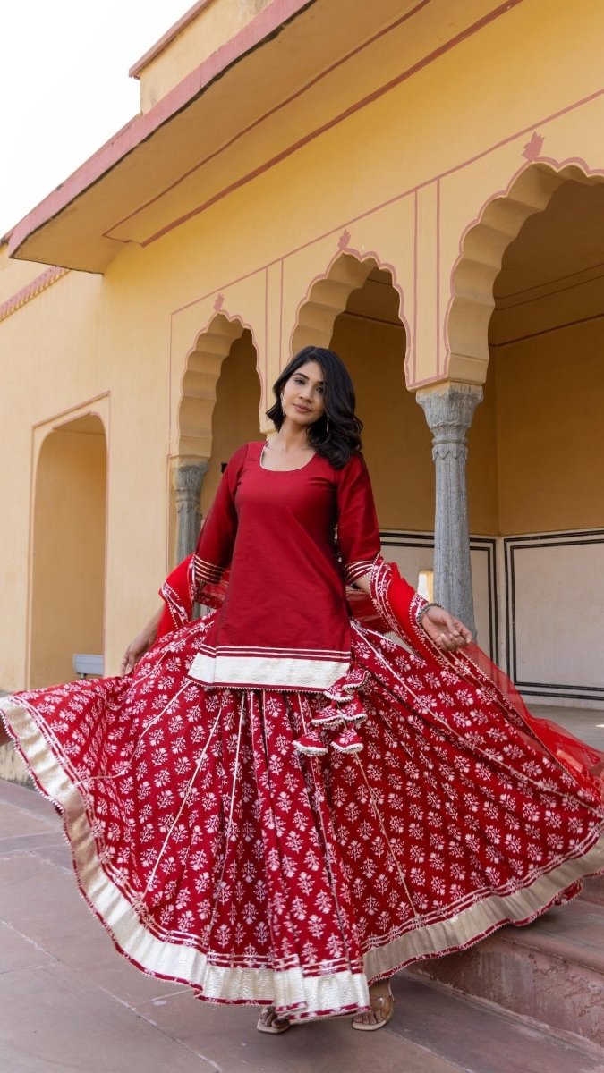 MIRZA RED KURTI SKIRT SET - Pomcha Jaipur