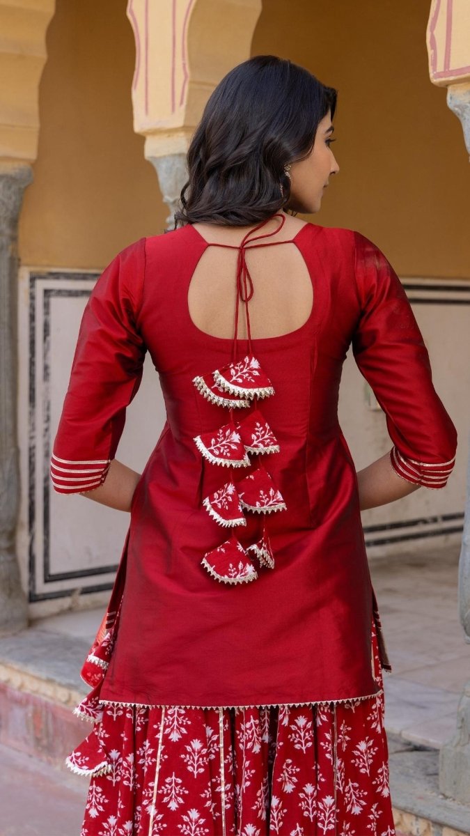 MIRZA RED KURTI SKIRT SET - Pomcha Jaipur