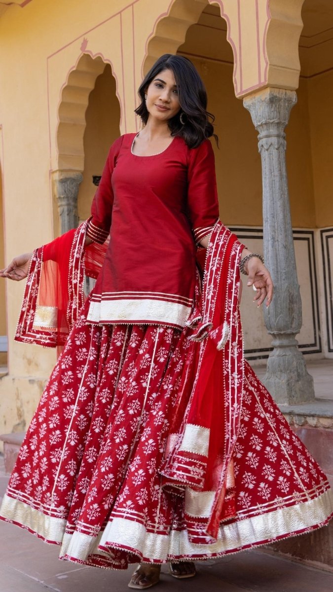 MIRZA RED KURTI SKIRT SET - Pomcha Jaipur