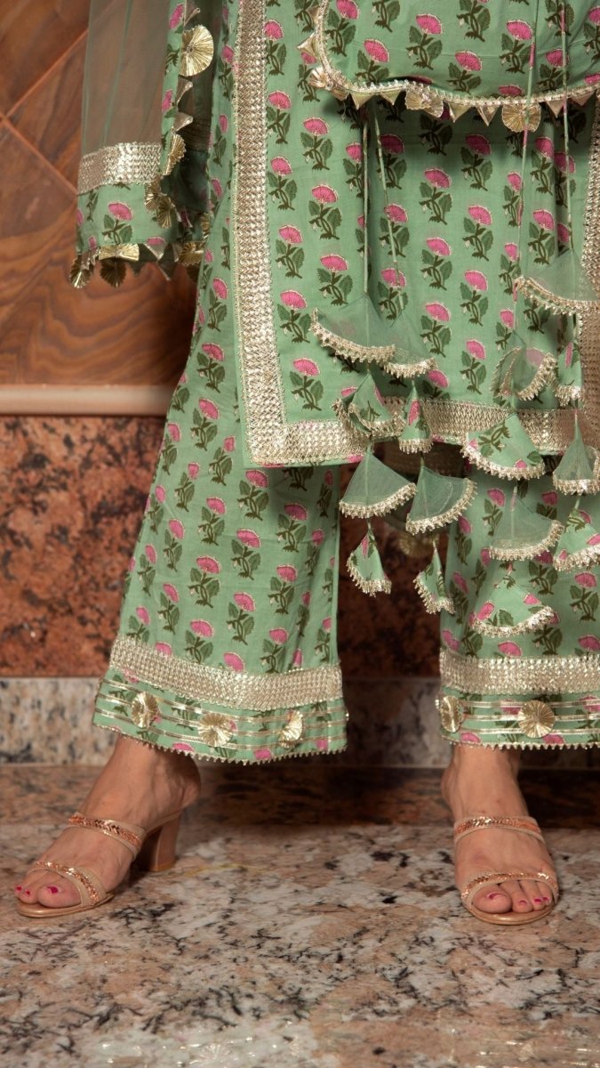 MISHIKA GREEN COTTON HAND BLOCK KURTA PANT SUIT SET WITH SOFT NET DUPATTA - Pomcha Jaipur
