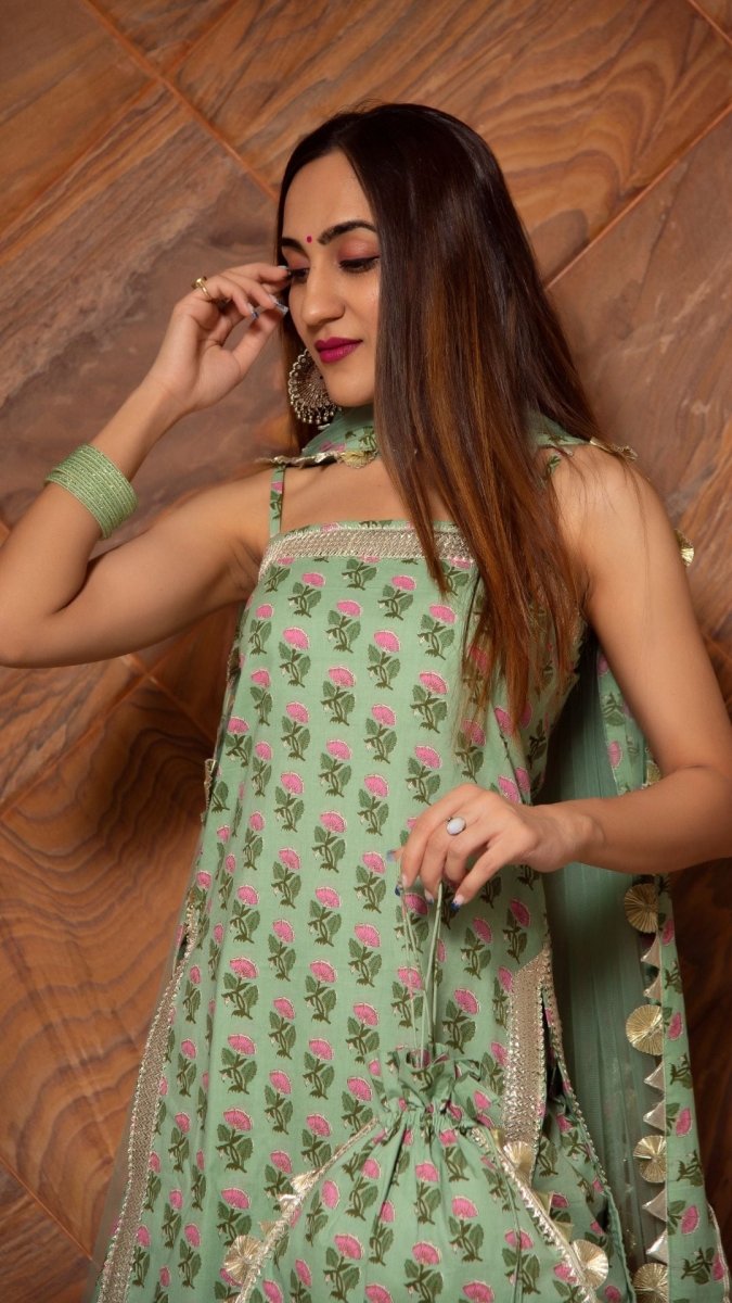 MISHIKA GREEN COTTON HAND BLOCK KURTA PANT SUIT SET WITH SOFT NET DUPATTA - Pomcha Jaipur