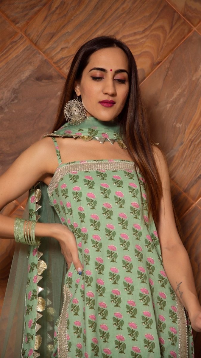 MISHIKA GREEN COTTON HAND BLOCK KURTA PANT SUIT SET WITH SOFT NET DUPATTA - Pomcha Jaipur