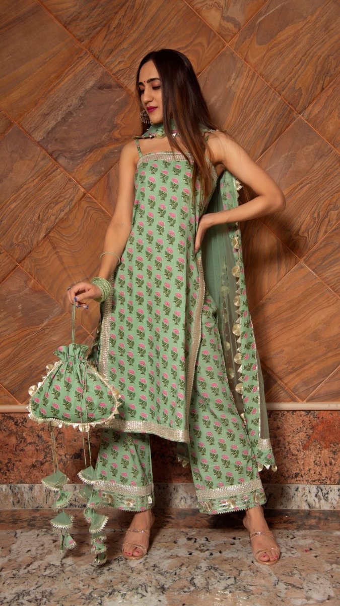 MISHIKA GREEN COTTON HAND BLOCK KURTA PANT SUIT SET WITH SOFT NET DUPATTA - Pomcha Jaipur