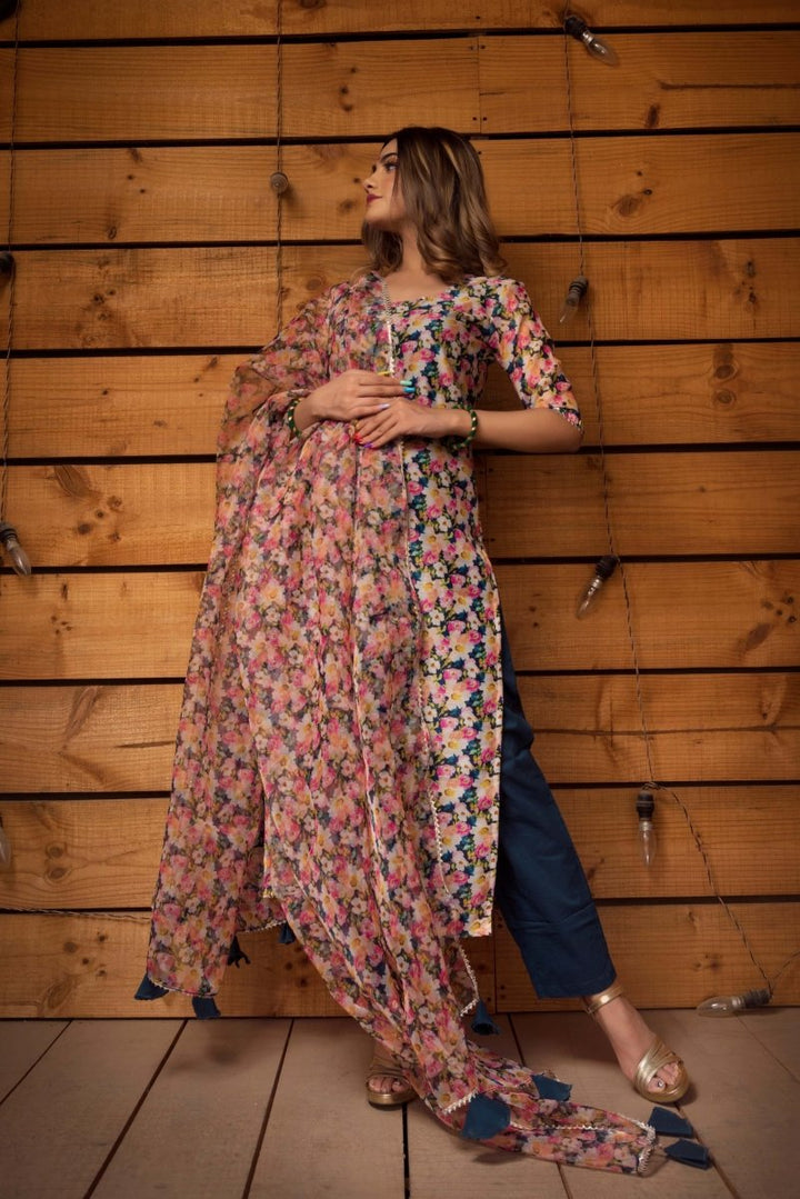 MOGRA MODAL CHANDERI SILK SUIT SET WITH ORGANZA DUPATTA - Pomcha Jaipur