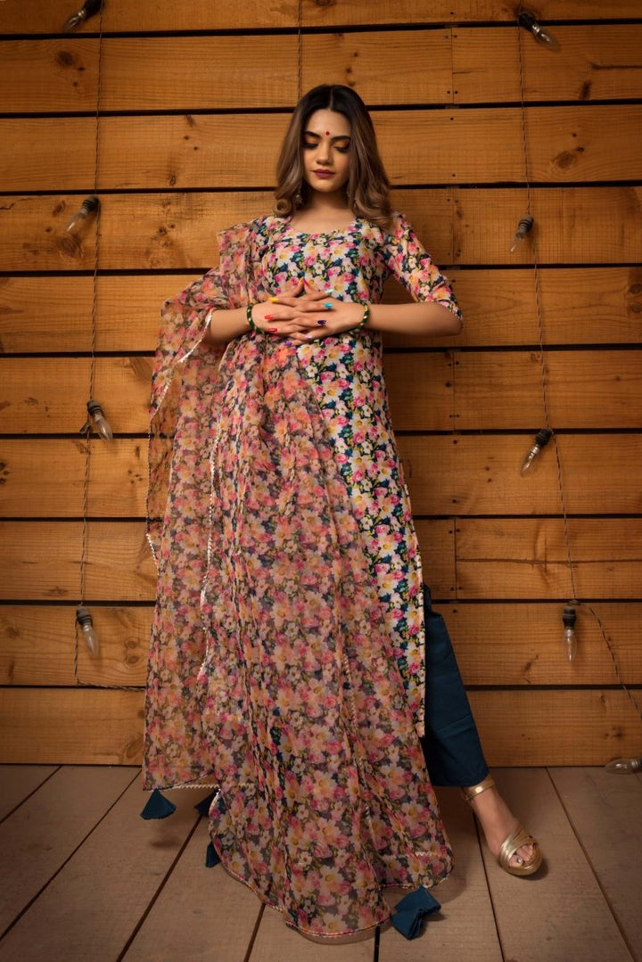 MOGRA MODAL CHANDERI SILK SUIT SET WITH ORGANZA DUPATTA - Pomcha Jaipur