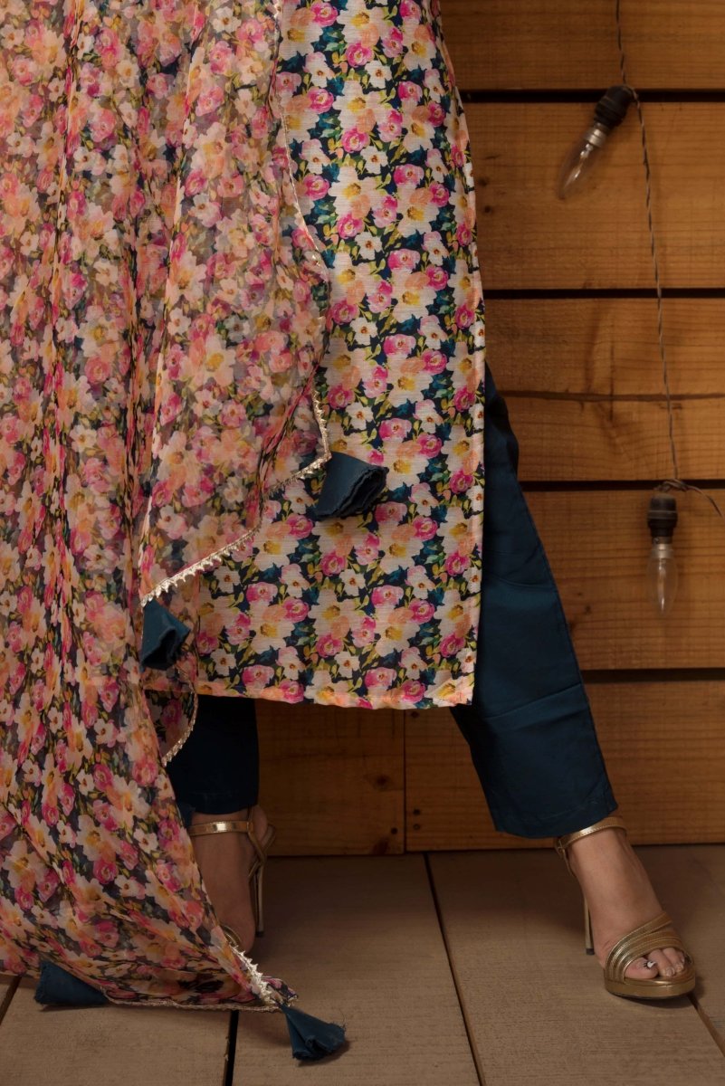 MOGRA MODAL CHANDERI SILK SUIT SET WITH ORGANZA DUPATTA - Pomcha Jaipur