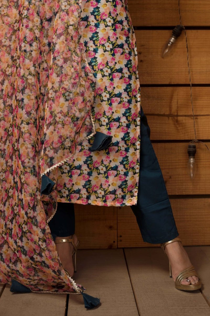 MOGRA MODAL CHANDERI SILK SUIT SET WITH ORGANZA DUPATTA - Pomcha Jaipur