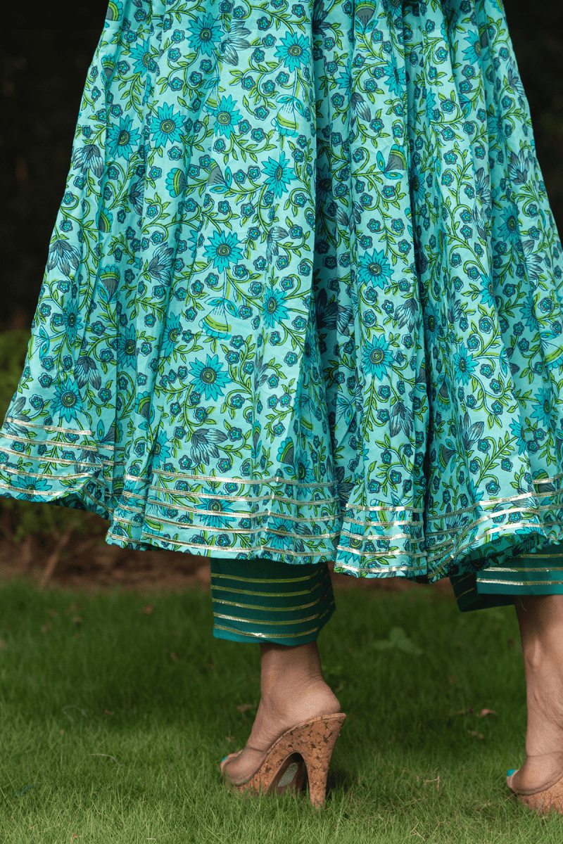 MORNI HAND BLOCK COTTON ANARKALI SET - Pomcha Jaipur