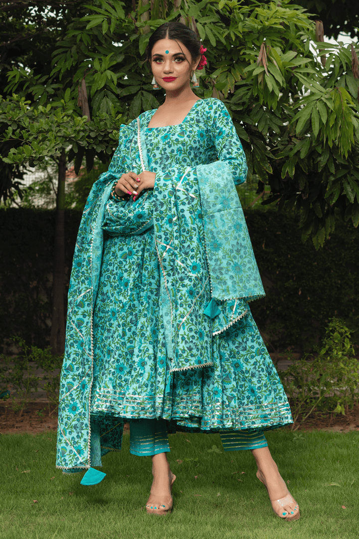 MORNI HAND BLOCK COTTON ANARKALI SET - Pomcha Jaipur