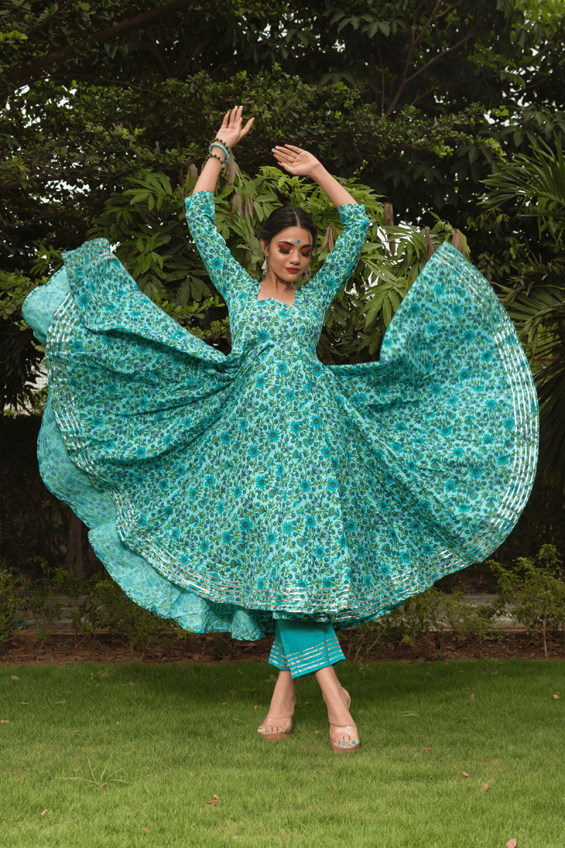 MORNI HAND BLOCK COTTON ANARKALI SET - Pomcha Jaipur