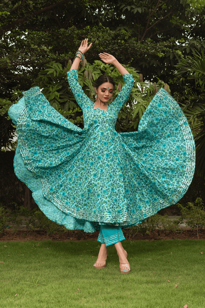 MORNI HAND BLOCK COTTON ANARKALI SET - Pomcha Jaipur