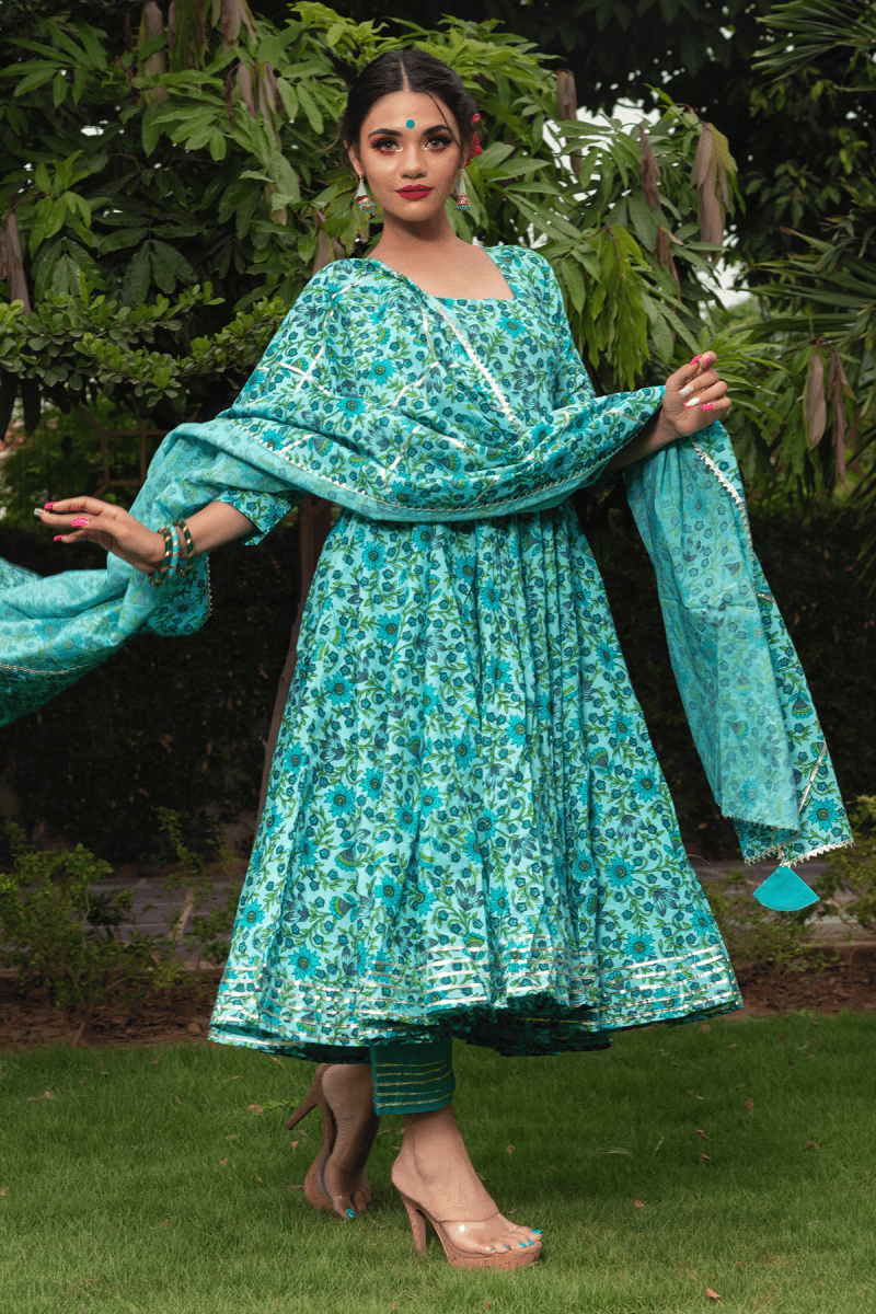 MORNI HAND BLOCK COTTON ANARKALI SET - Pomcha Jaipur