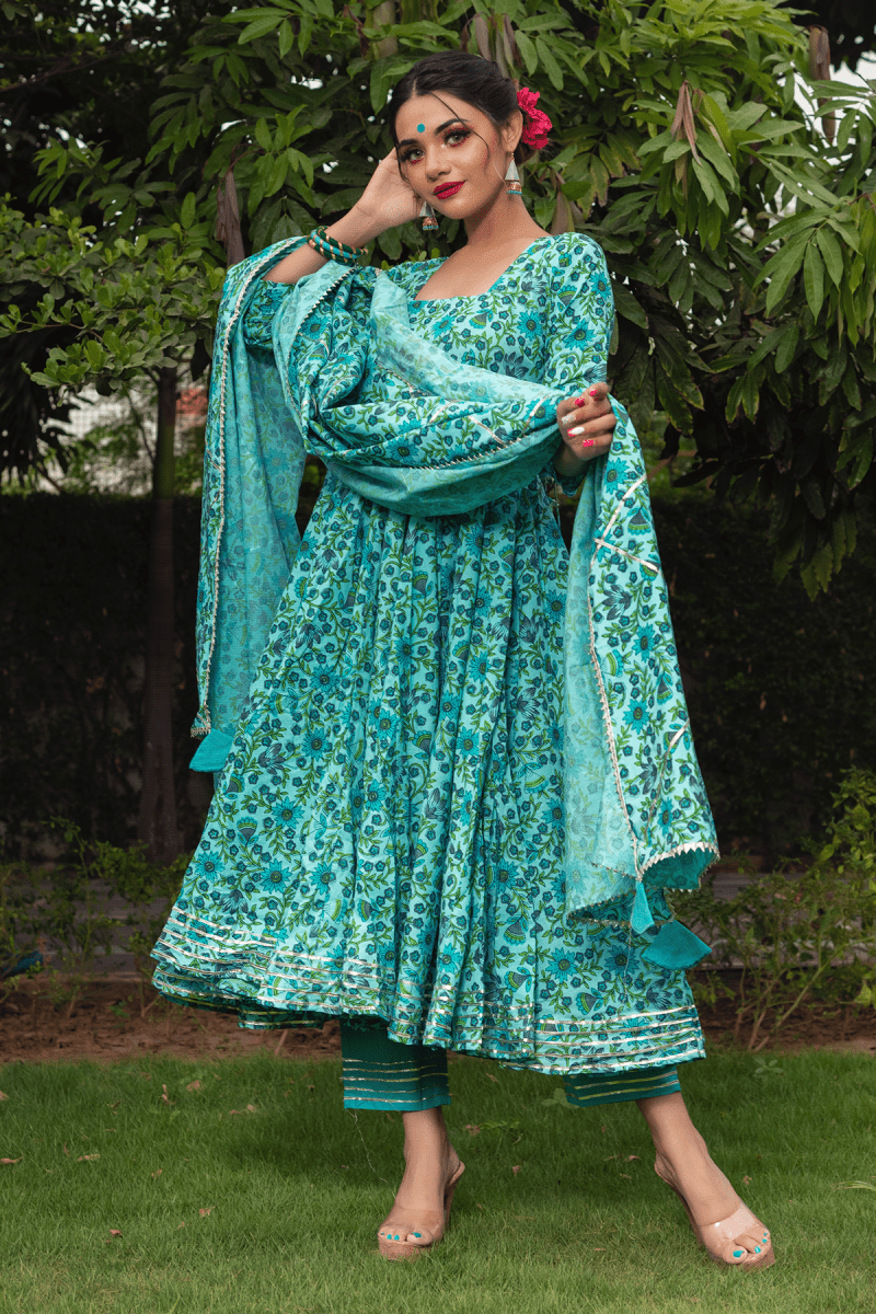 MORNI HAND BLOCK COTTON ANARKALI SET - Pomcha Jaipur