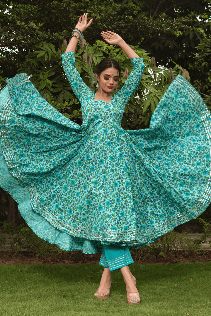 MORNI HAND BLOCK COTTON ANARKALI SET - Pomcha Jaipur