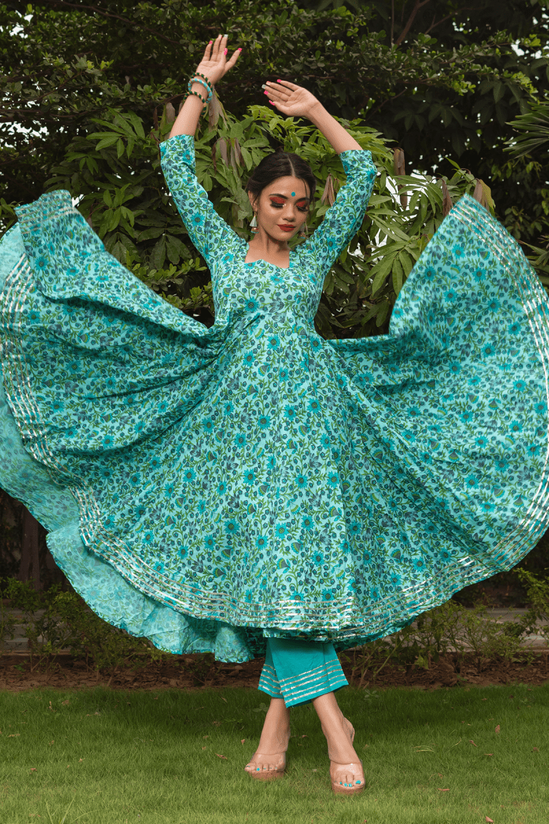 MORNI HAND BLOCK COTTON ANARKALI SET - Pomcha Jaipur