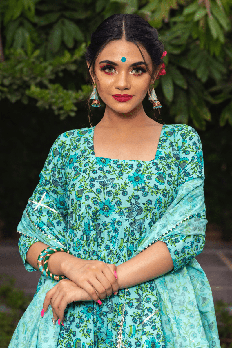 MORNI HAND BLOCK COTTON ANARKALI SET - Pomcha Jaipur