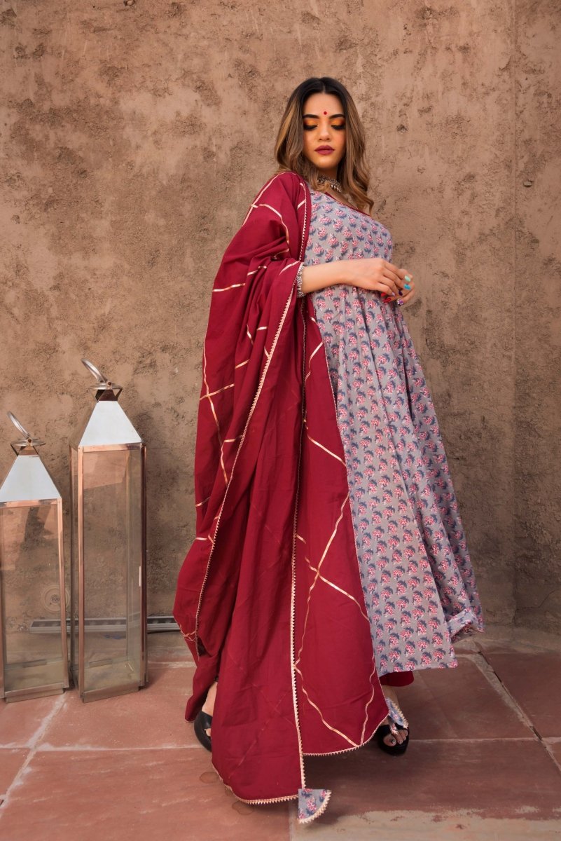 MORNING GLORY HAND BLOCK PURE COTTON ANARKALI SET - Pomcha Jaipur