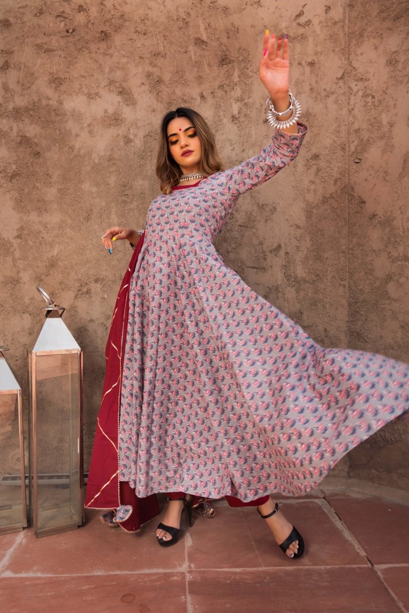 MORNING GLORY HAND BLOCK PURE COTTON ANARKALI SET - Pomcha Jaipur